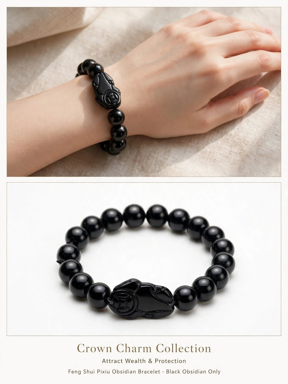 Black Obsidian Beaded Pixiu Bracelet - Feng Shui Protection